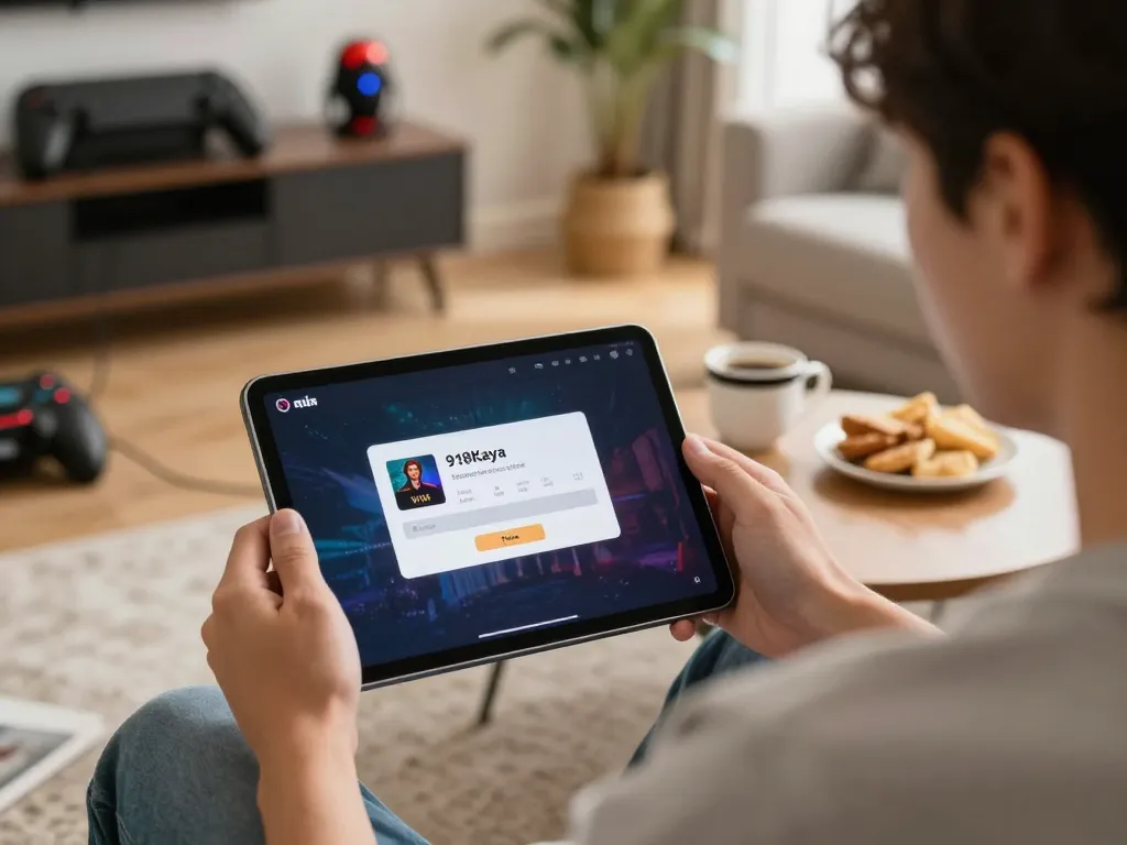 The user accessing the 918Kaya app login option on a tablet, showcasing a cozy home gaming environment with engaging elements.