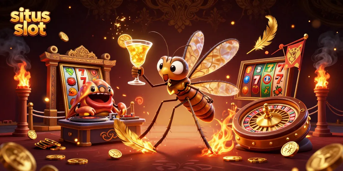 Join the excitement of situs slot with unique characters in a vibrant casino scene filled with lucky symbols.
