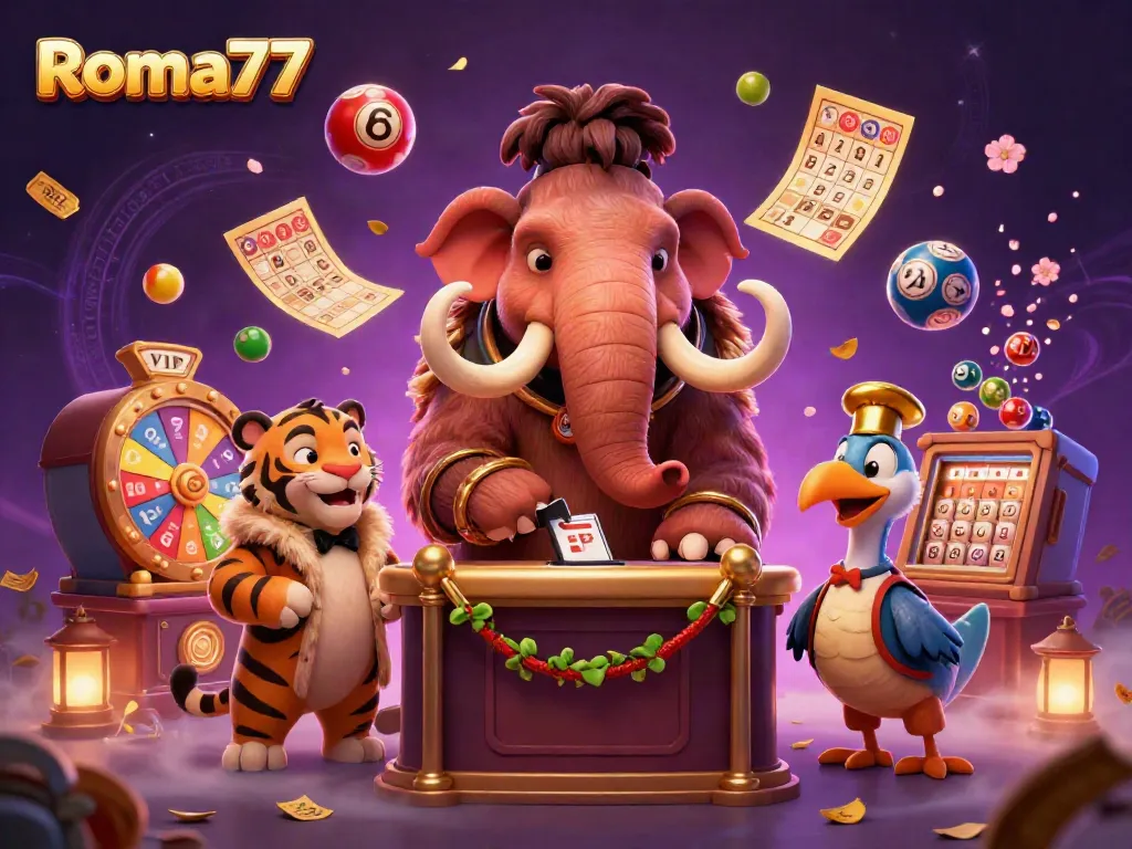 Experience the thrill of Roma77 with vibrant casino characters and exciting game elements.
