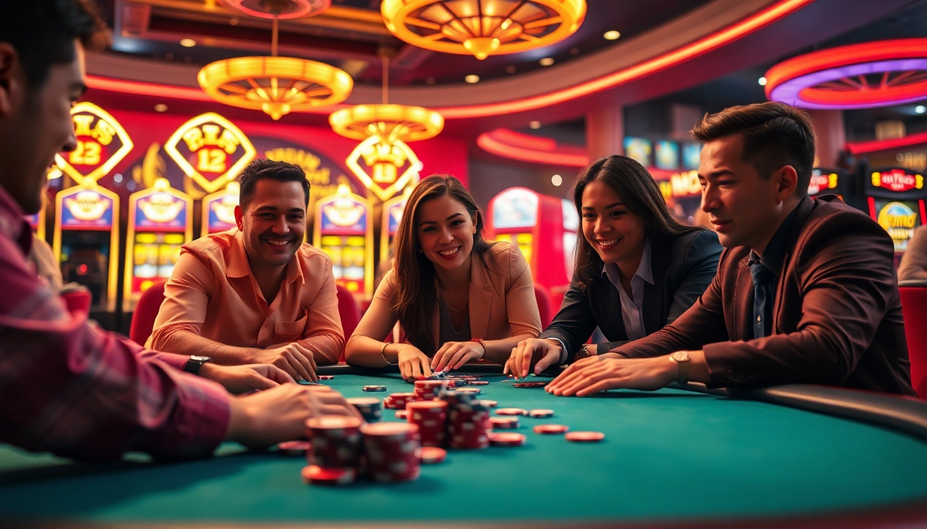Main event at casino with intense players engaged in ondel4d games, surrounding colorful slot machines.