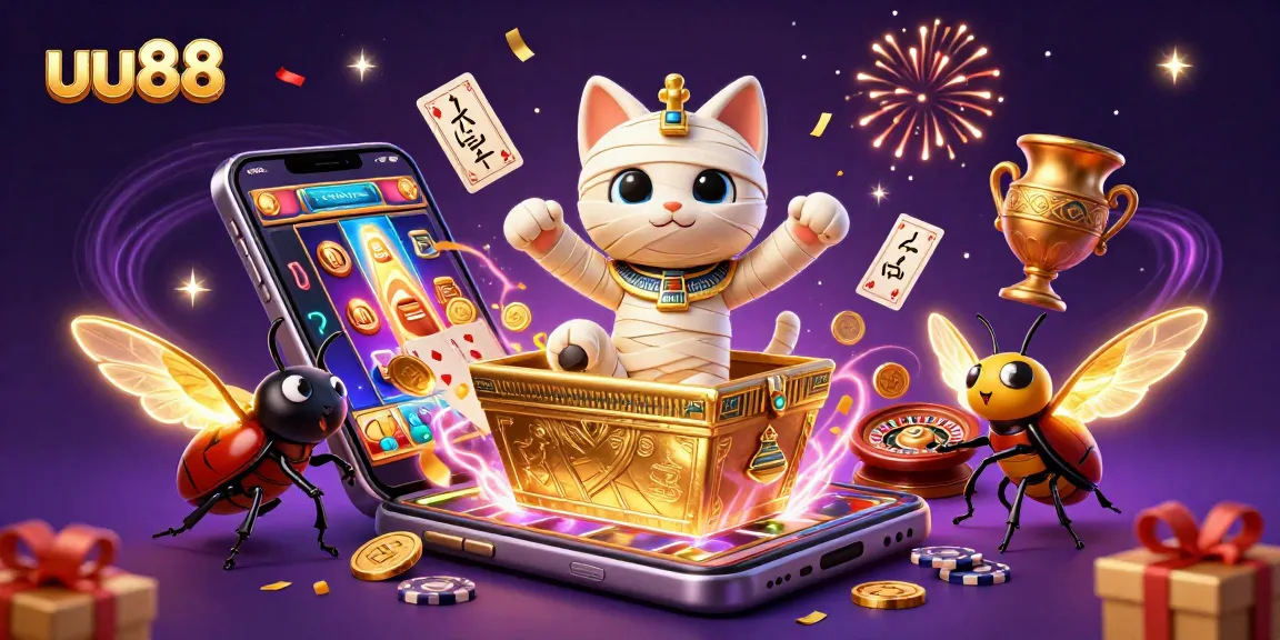 Experience thrilling gameplay at uu88 with a vibrant scene showcasing a mummy cat, slot games, and festive celebrations.