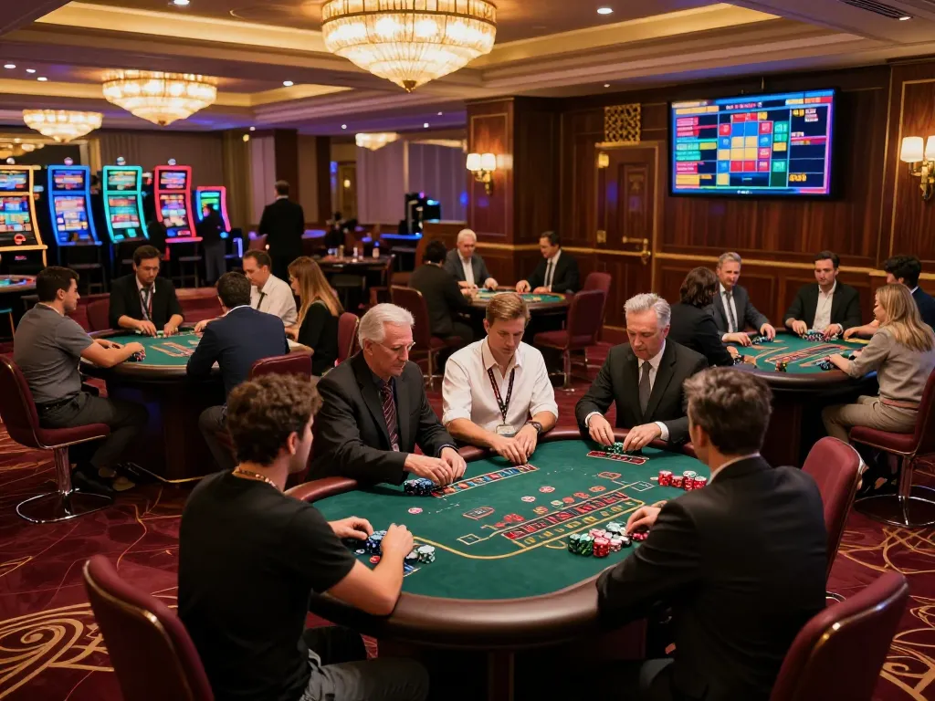 Play blackjack at five 88 casino table, vibrant atmosphere with players actively betting.