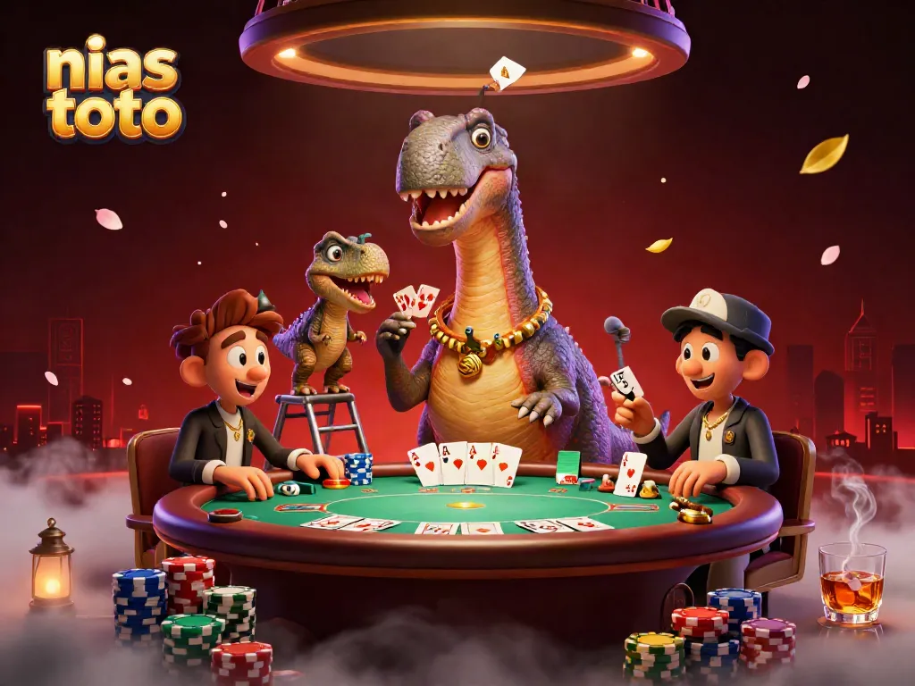 Gambarkan nias toto dengan brontosaurus 3D dan permainan poker yang seru dalam ilustrasi fantasi.