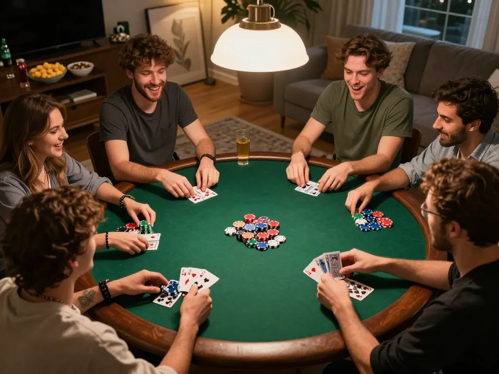Friends enjoying poker at home with mb66ac-themed chips and cards, highlighted by warm lighting.