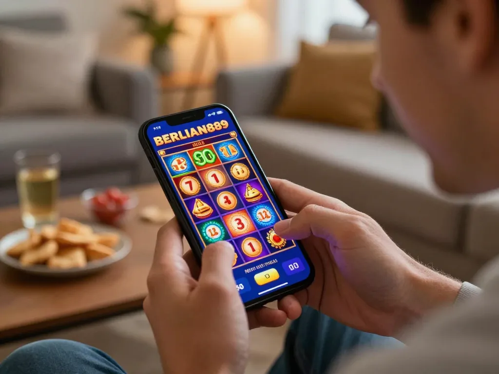 Player enjoying mobile gaming experience with the BERLIAN889 app, showing slot game excitement.