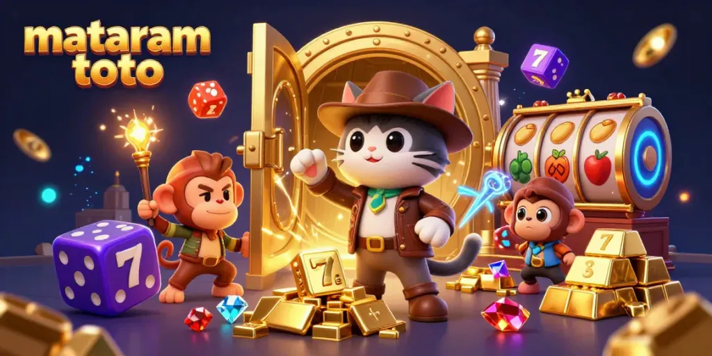 Engage with mataram toto adventures as a cartoon explorer cat discovers treasures amidst vibrant casino symbols.