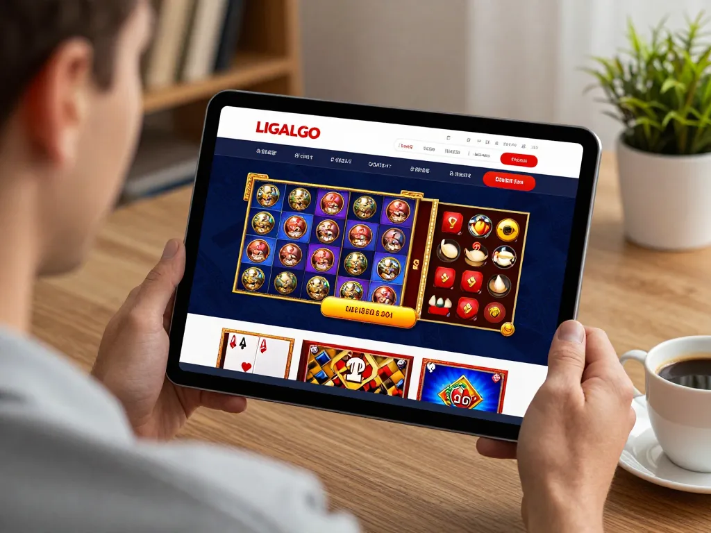 LIGALGO offers engaging online gaming experiences with dynamic slot machines and card games on a tablet.