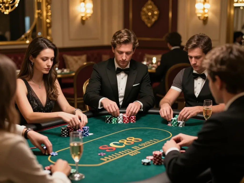 Engaged players at SC88 Vip poker table, showcasing high-stakes excitement and luxury.