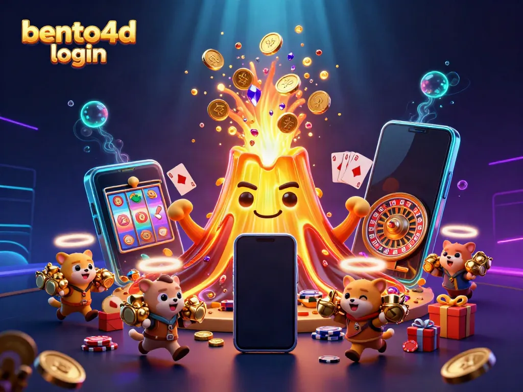 Experience the thrill of bento4d login as a golden volcano erupts treasure, showcasing vibrant casino elements.