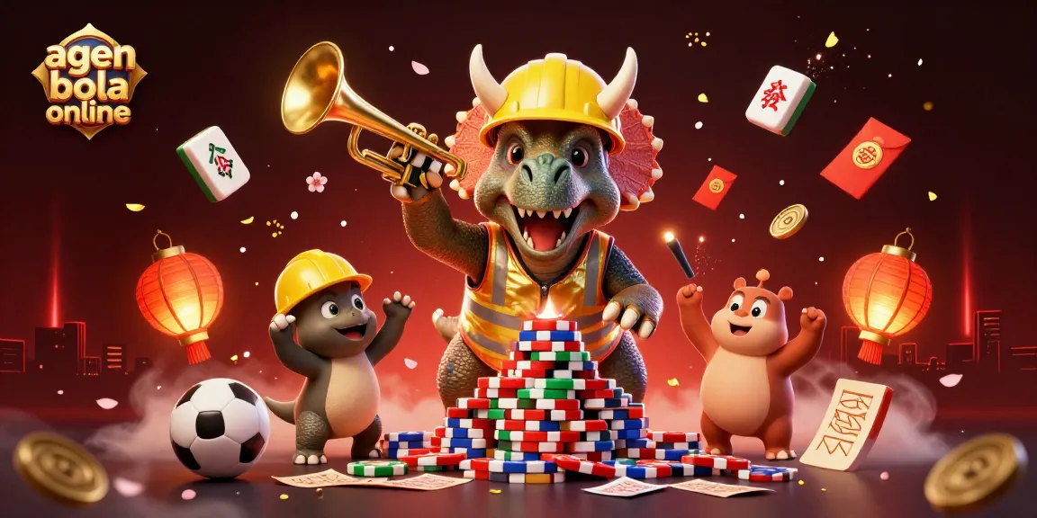 Agen bola online scene with a cheerful triceratops, festive sports elements, and vibrant decorations celebrating betting excitement.