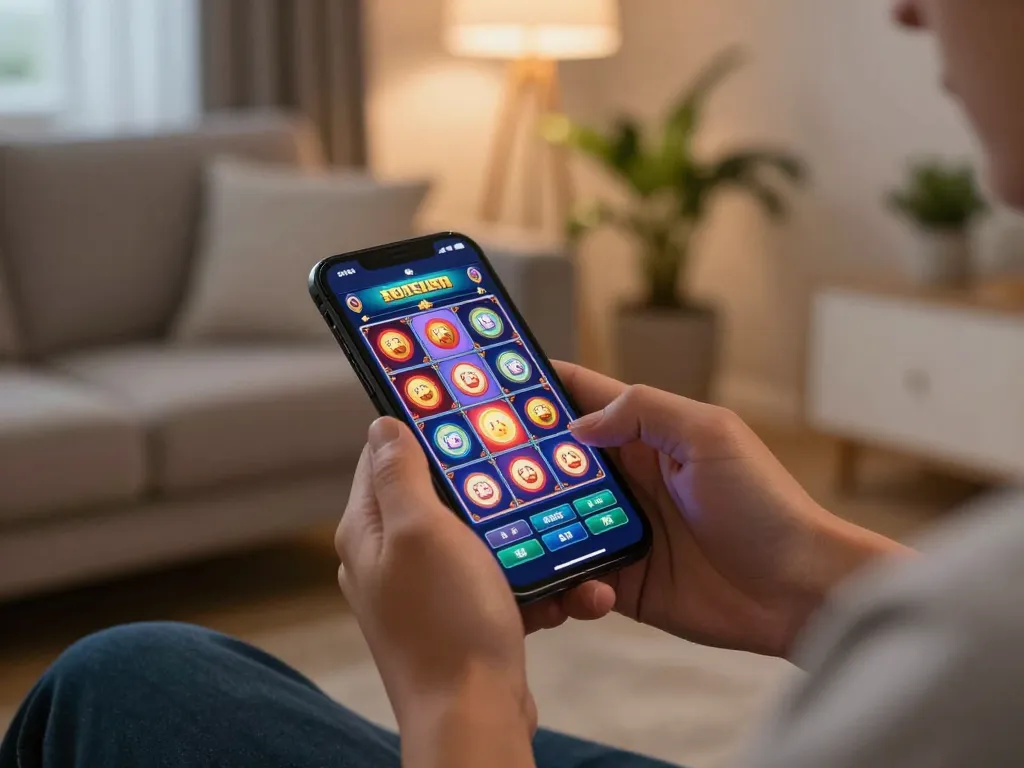 Terlibat dalam permainan slot online yang menarik di smartphone di ruang tamu modern