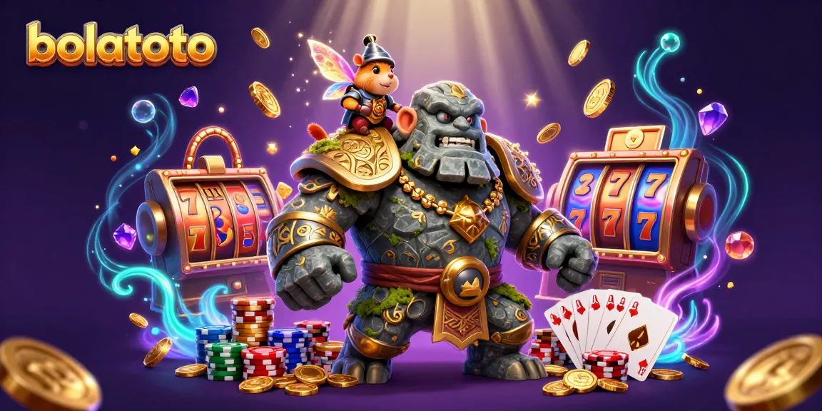 Experience the magic of bolatoto with a lively scene featuring a golem guardian, fairy, and hamster knight amidst flying coins and slot game elements.