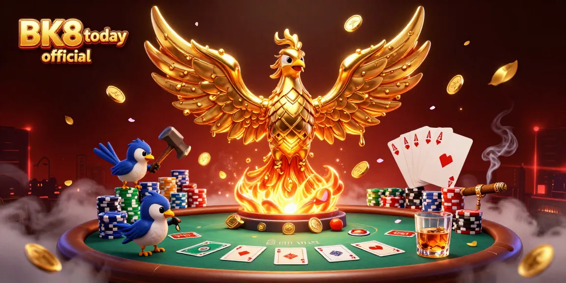 Experience thrilling gaming with BK8.today official, featuring flaming phoenix and vibrant poker elements.