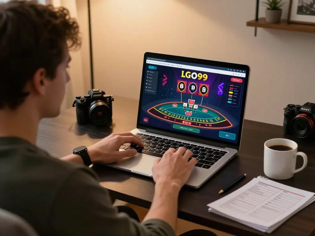 Pengguna LGO99 terlibat dalam permainan blackjack online di pengaturan rumah mereka.