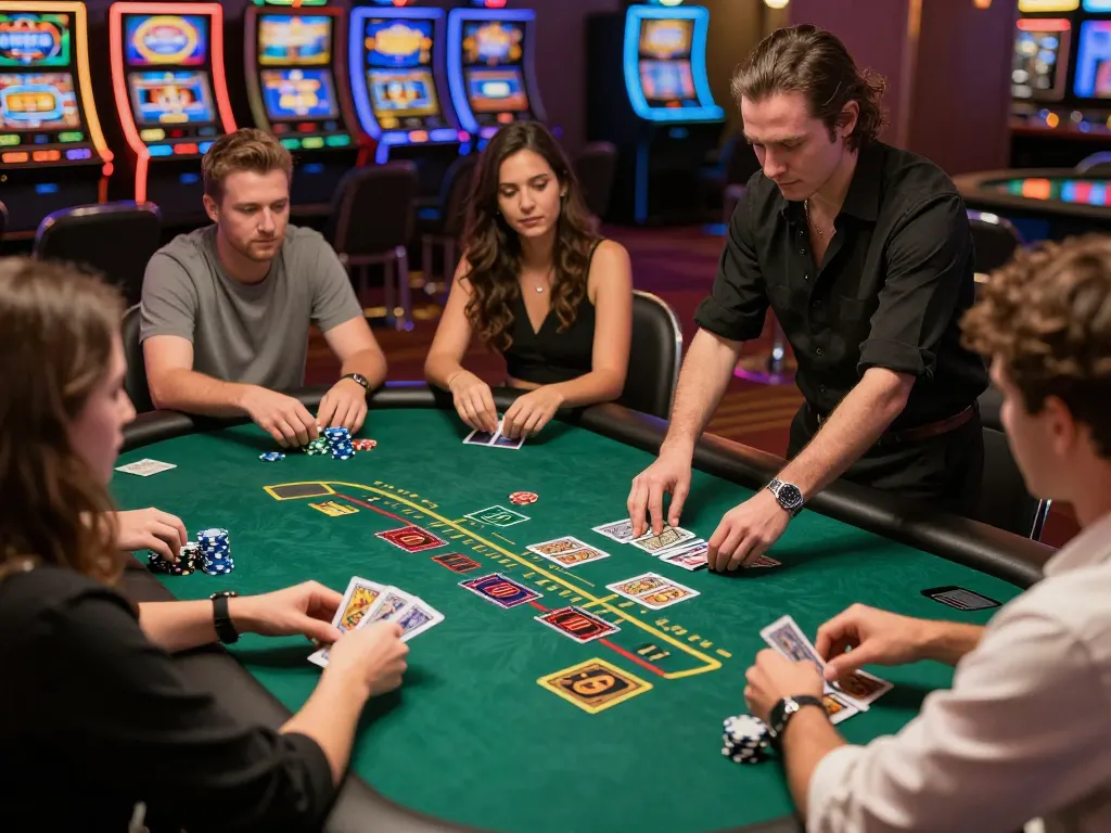Players engaging strategically at the TR88 blackjack table, colorful chips and cards visible.