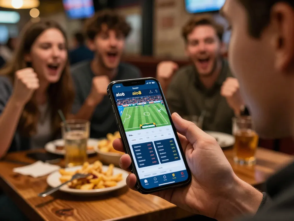 Person using alo8 app for live sports betting in a bustling sports bar environment