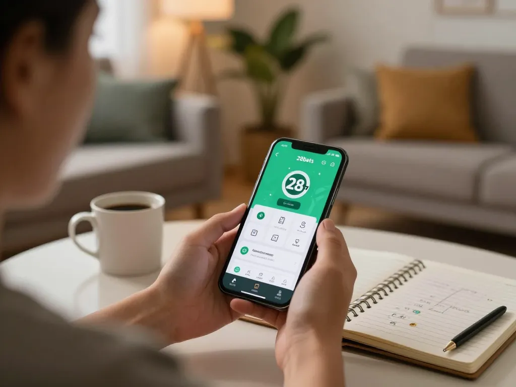 Engaging with the 28bets app on a smartphone in a cozy living room for responsible gaming