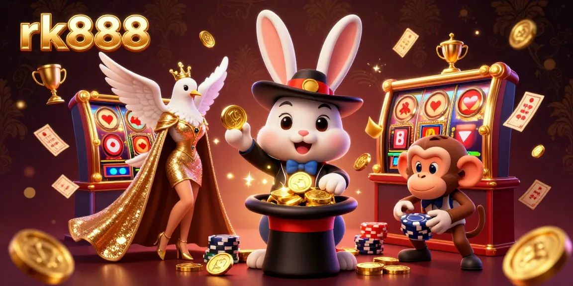 Win big with rk888 as a magician rabbit dazzles by pulling coins from a top hat amidst vibrant casino elements.