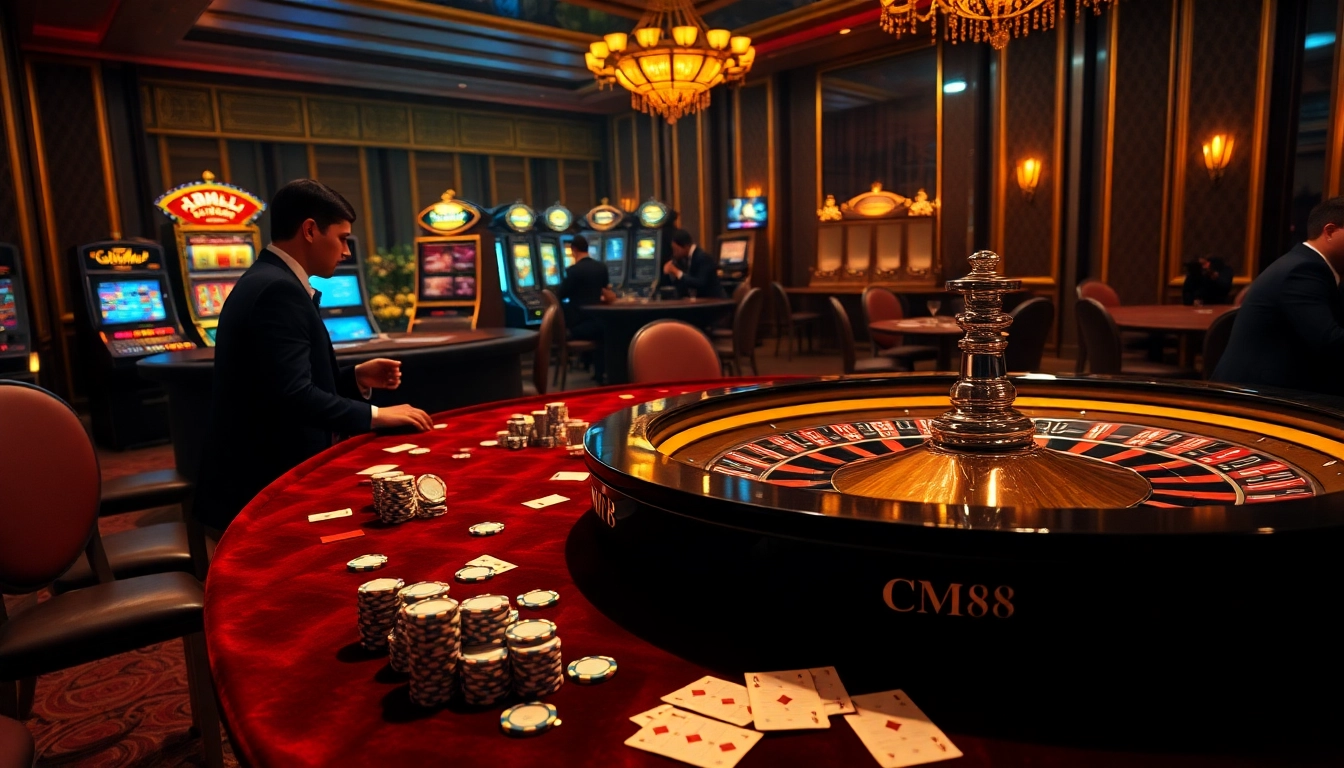 Experience the thrill of CM88 with a luxurious casino scene featuring poker chips and roulette.