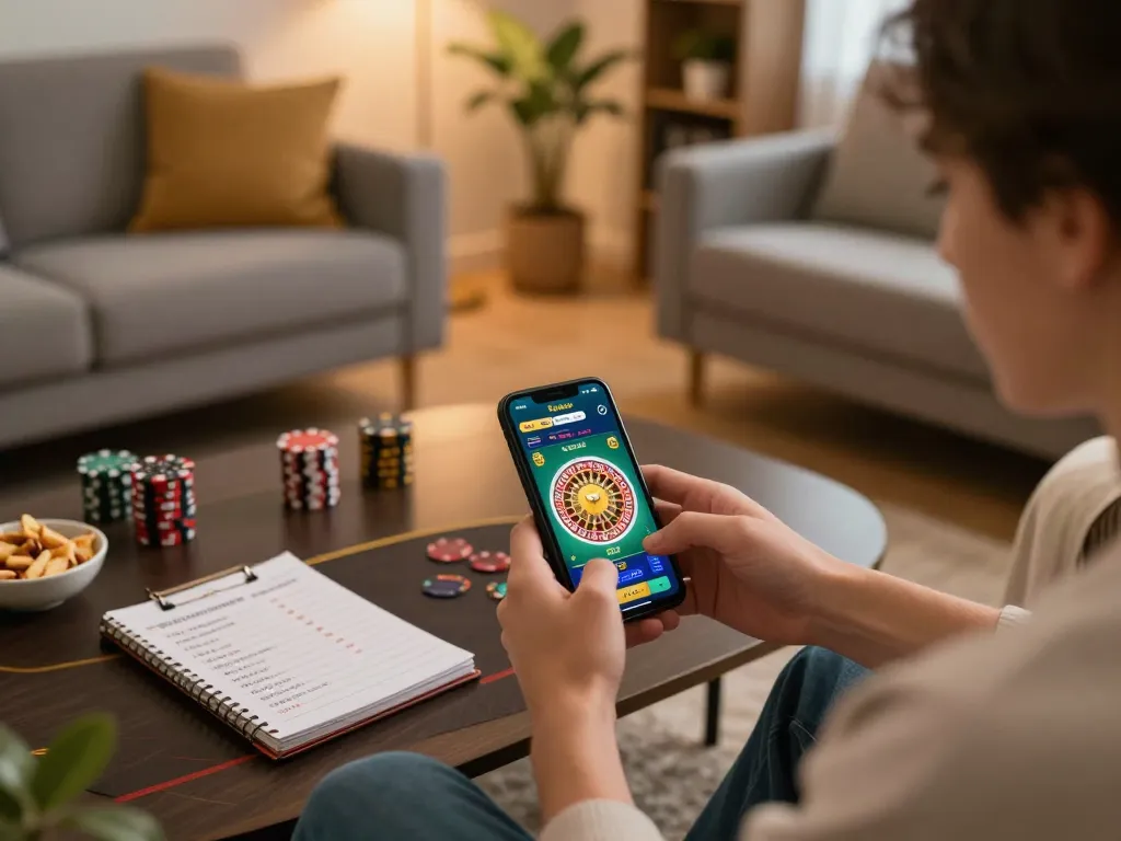 Player strategizing with the Sun win mobile app in a cozy home setting, emphasizing engaging gameplay.