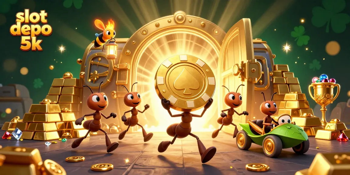 Slot depo 5k menghadirkan tim semut kartun dalam aksi pencurian chip poker emas raksasa yang bersinar.