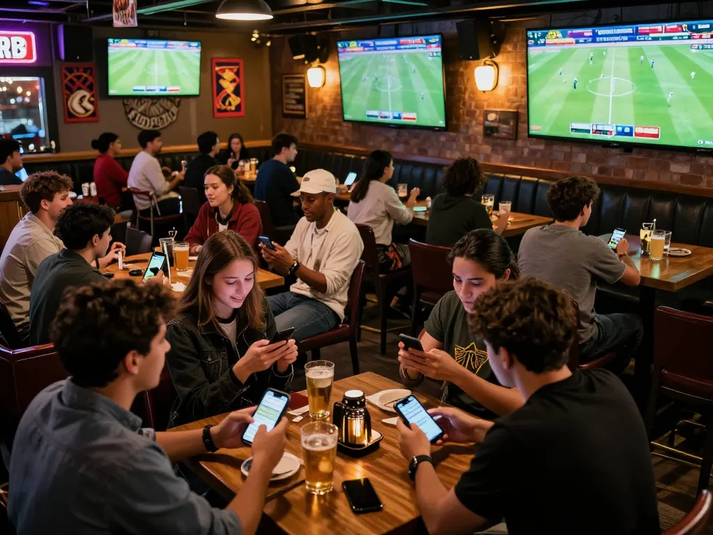 Kèo nhà cái displayed on smartphones as patrons enjoy betting during a major sports match.