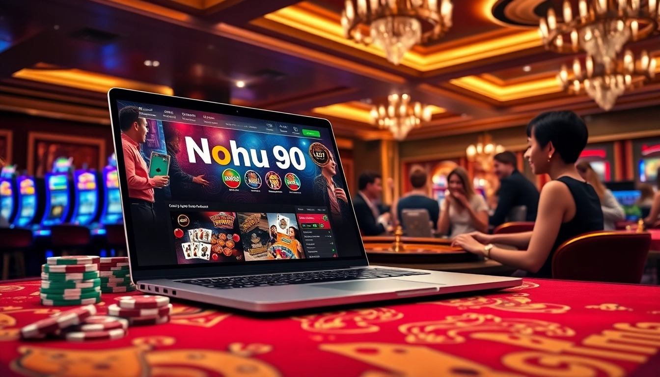 Nohu90 online gaming interface showcasing vibrant slot machines and poker chips in a luxurious casino setting.