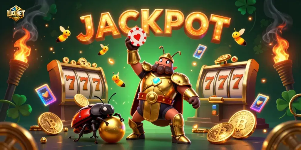 LUCUBET celebrates victory with a hercules beetle and dung beetle amidst slots and crypto elements