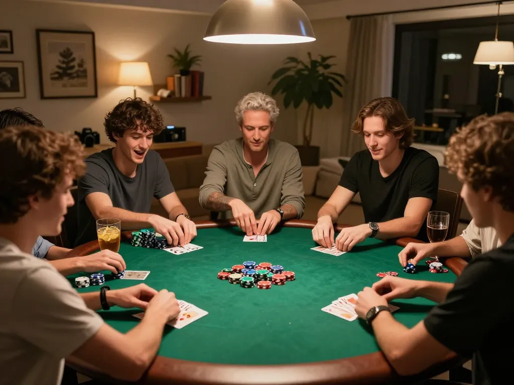Players enjoying a friendly poker game at home, highlighting MPOID and social interaction.