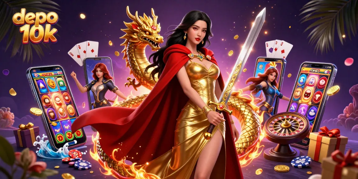 Spin the reels with depo 10k in this vibrant casino scene featuring a warrior queen and gold dragon.