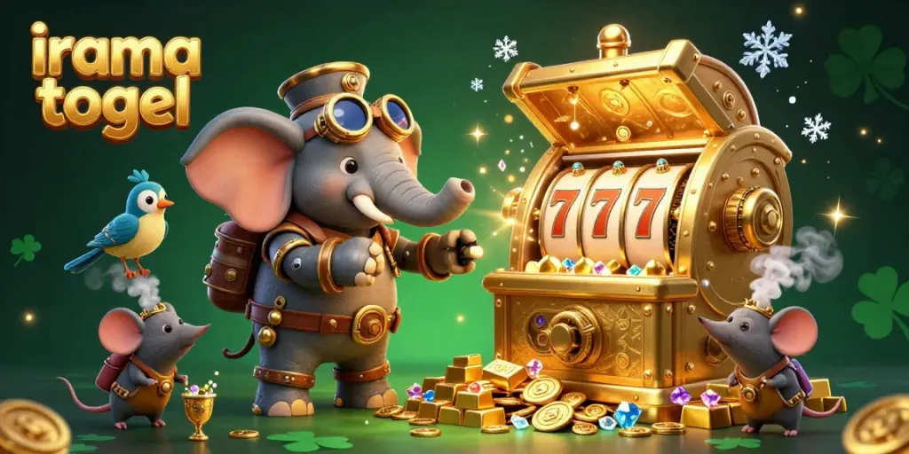Experience the thrill of irama togel with a charismatic steampunk elephant operating a golden slot machine, filled with treasures.