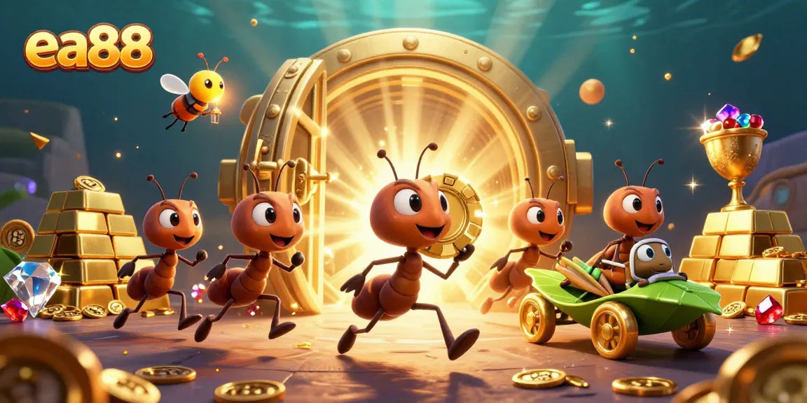 ea88: Ants orchestrate a heist for a massive golden chip amidst treasure in an immersive casino scene