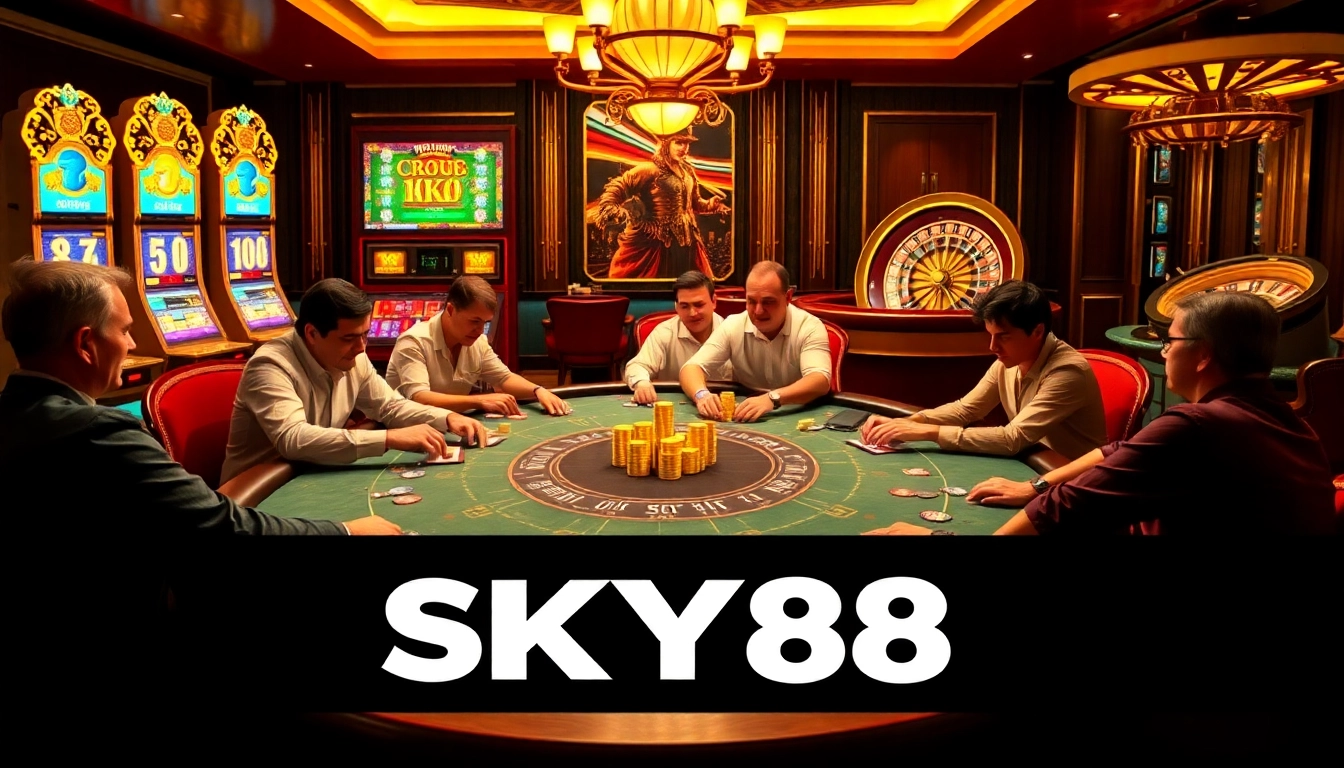 High-stakes poker action at SKY88 casino with vibrant slot machines and an elegant atmosphere.