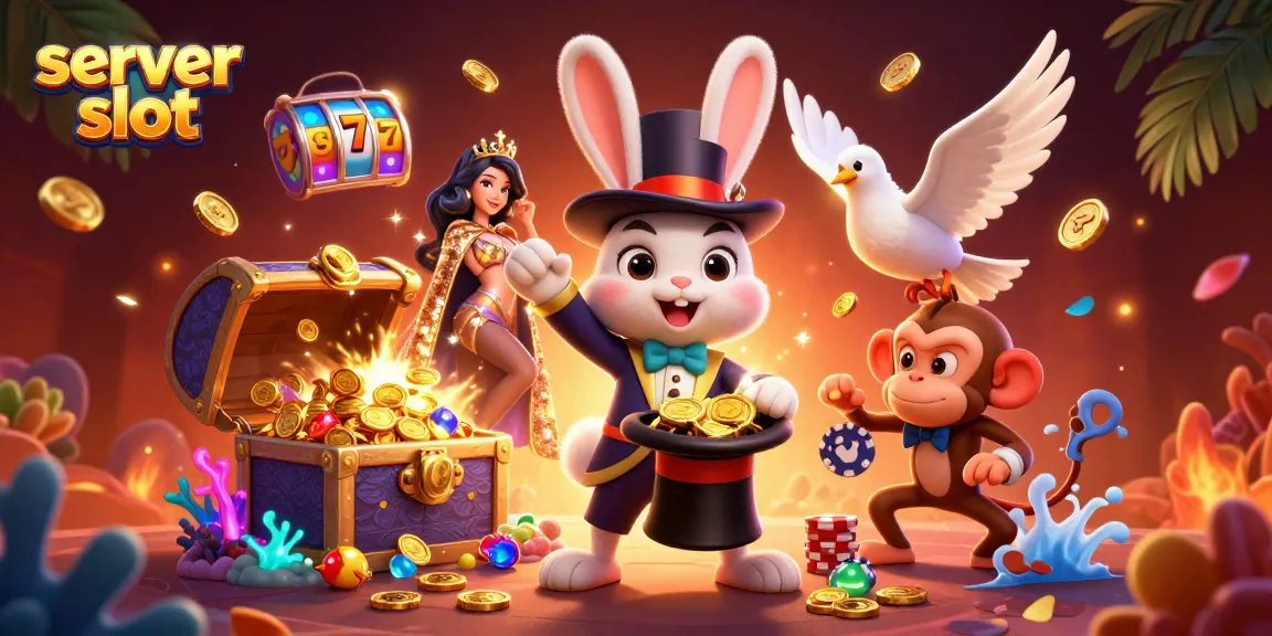 Engage in thrilling server slot experiences with lively 3D characters and vibrant casino elements.