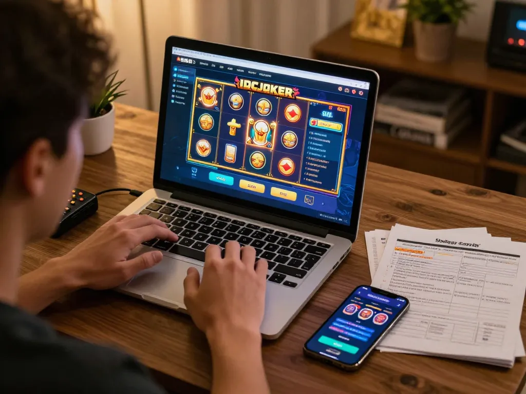 IDCJOKER player engrossed in online slots betting on a laptop with strategy notes nearby.