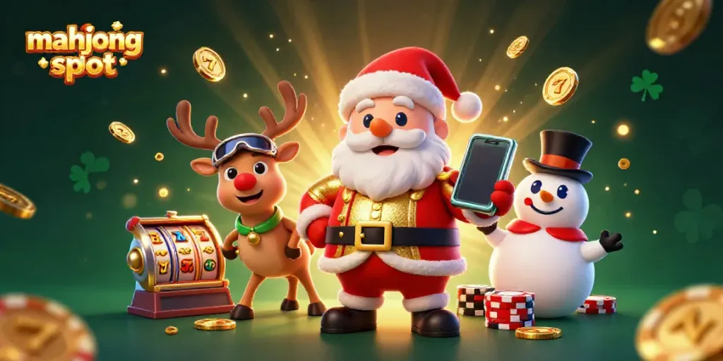 Slot Mahjong yang menarik dengan Santa dan teman-temannya, menampilkan suasana kasino yang meriah.