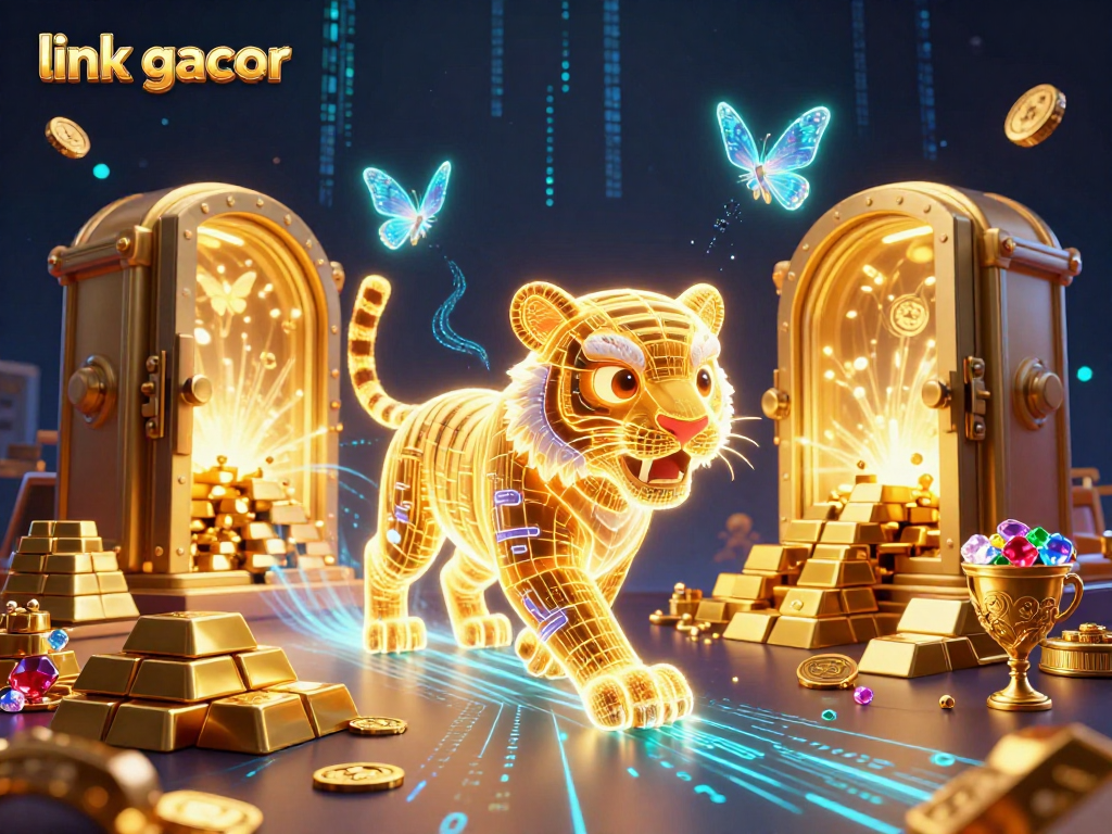Experience the excitement of link gacor with a golden tiger in a digital casino landscape, showcasing treasures and holographic butterflies.