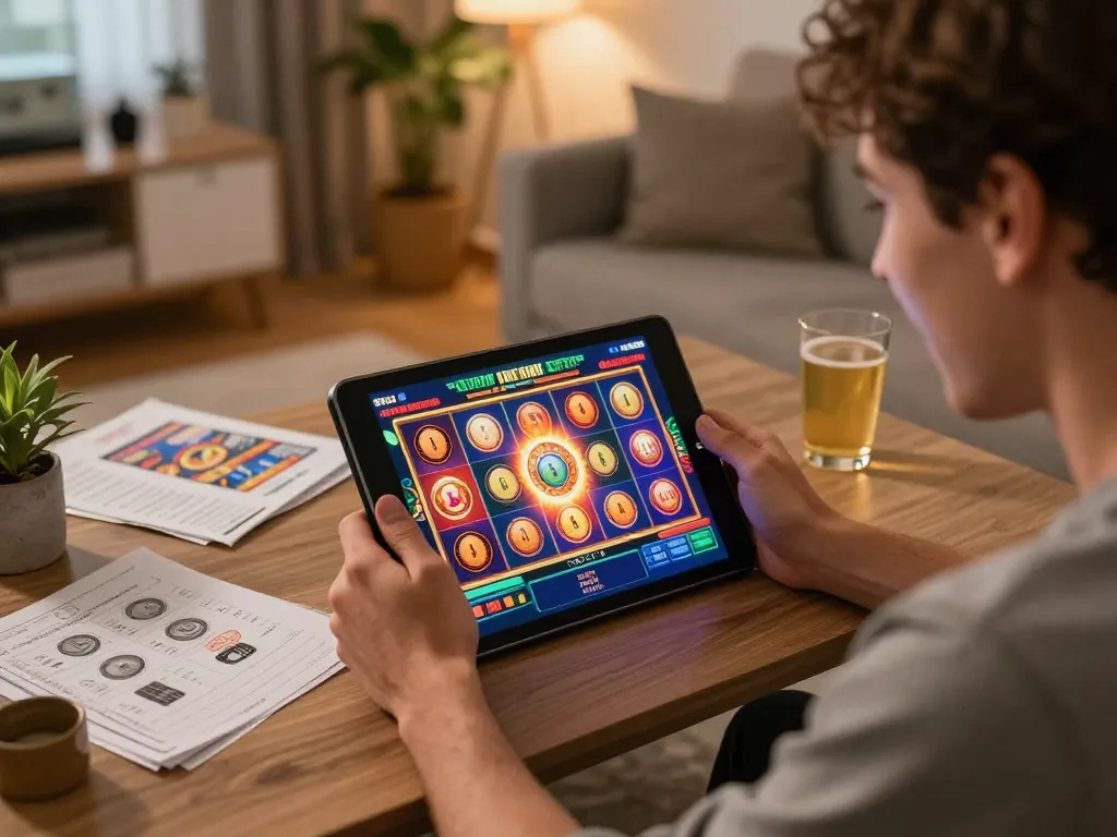 Player enjoying online slots on tablet at home, illustrating the excitement of boosterjp gaming.