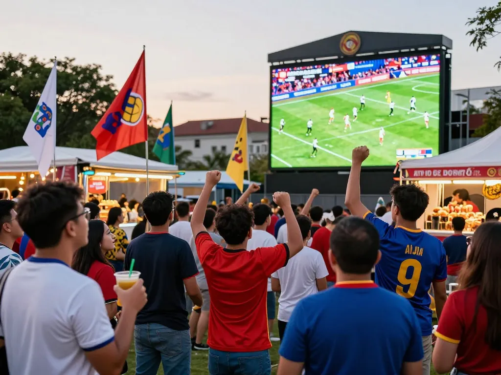 Cá độ bóng đá scene with enthusiastic fans celebrating a football match outdoors.