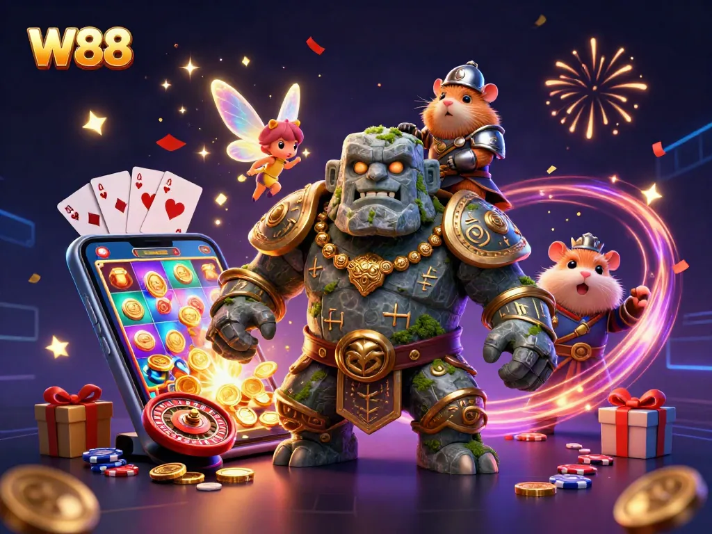 Engage in thrilling gameplay at W88 with an enchanting casino scene featuring a magical golem and fairy.