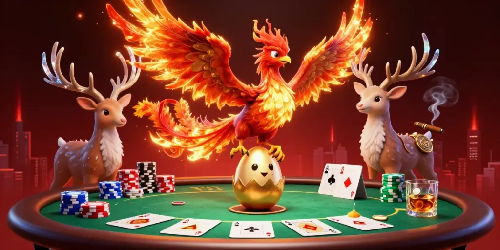 Permainan kasino menarik dengan luna99, menampilkan phoenix, meja poker, dan elemen magis lainnya.