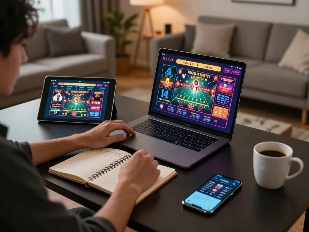 Person enjoying online casino games on Fun88 platform with laptop and tablet on modern desk.