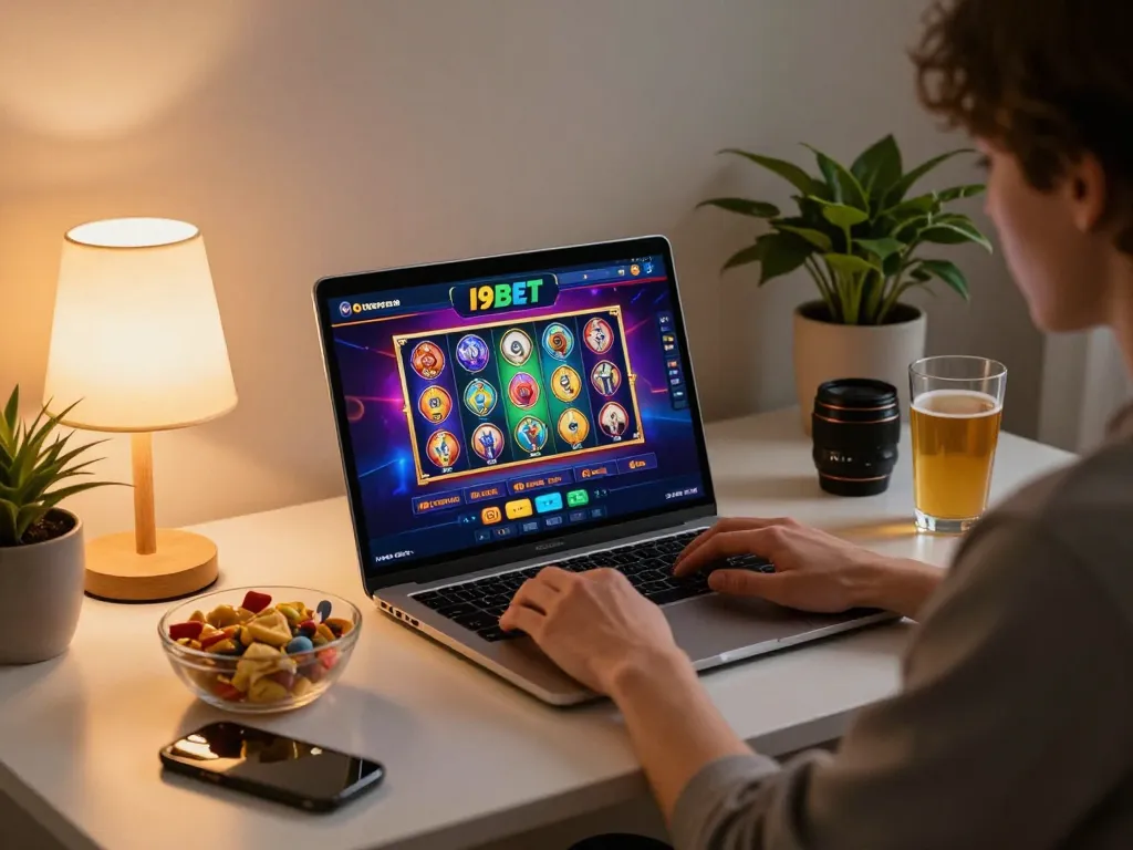 Playing I9BET online casino games in a cozy home atmosphere with vibrant gaming visuals.