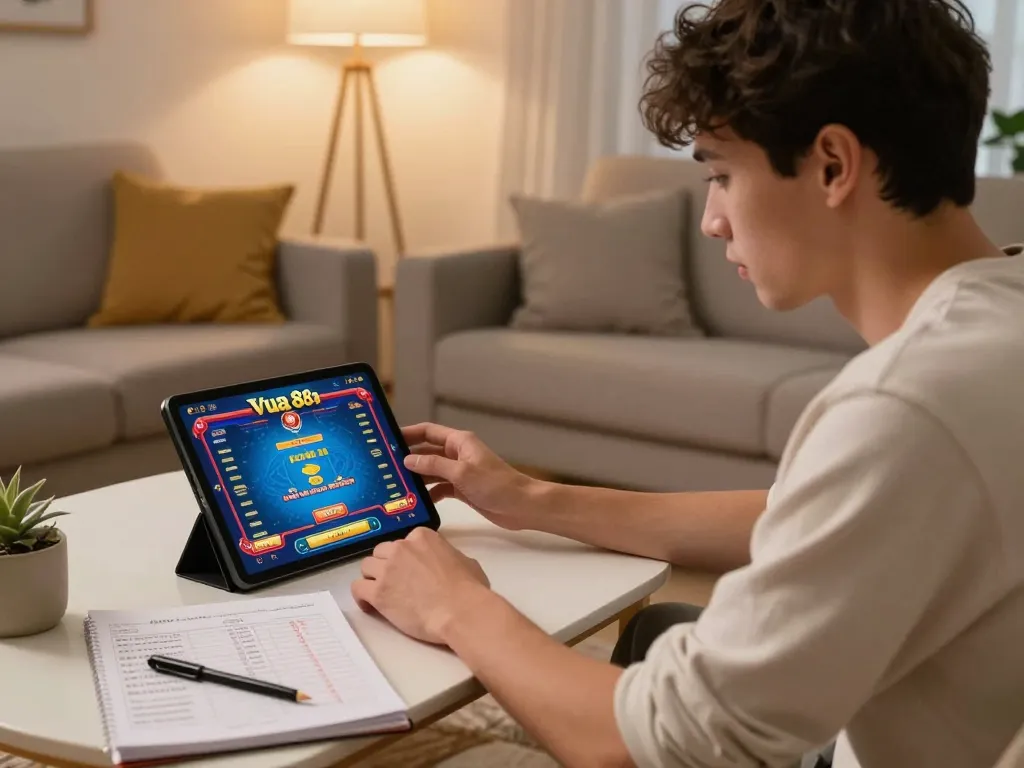Gambler strategizing with Vua 88 on a tablet in a cozy home setting.