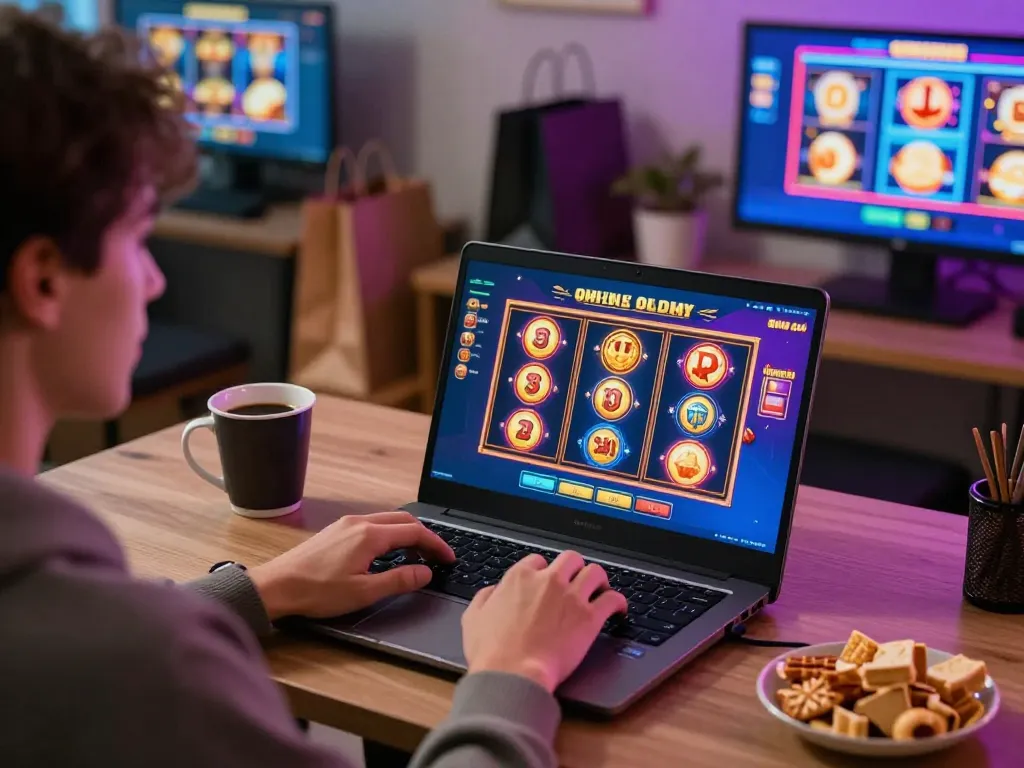Engaging gameplay scene of slot online gaming on laptop in cozy home environment.