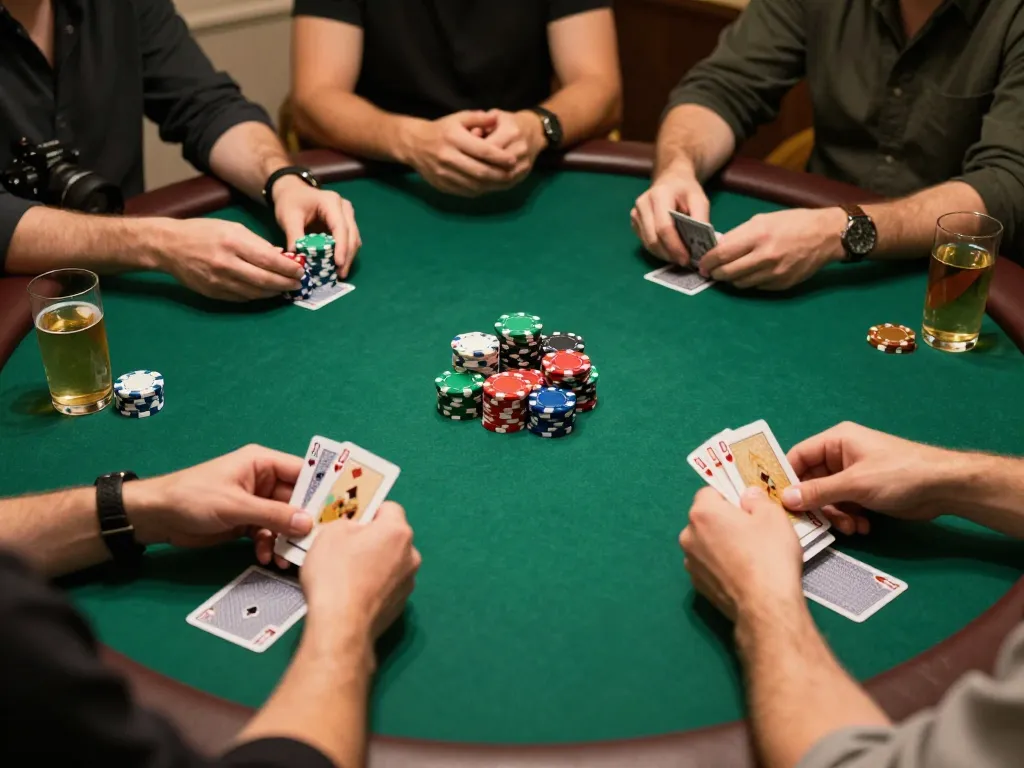 Vic88 players strategizing in a home poker game, showcasing an engaging gambling atmosphere.