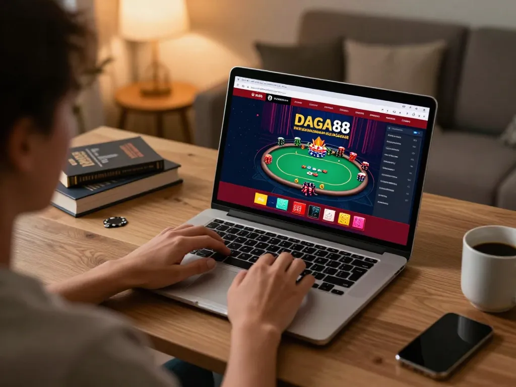 Engaging online gaming experience at https://daga88.free/, user placing bets in a comfortable home setting