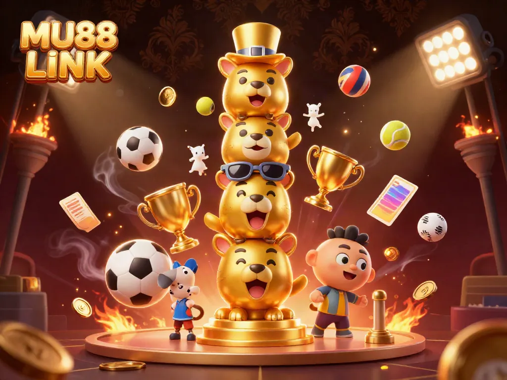 Engage in top-tier entertainment with MU88 LINK, featuring dynamic sports elements and a lively golden totem pole.