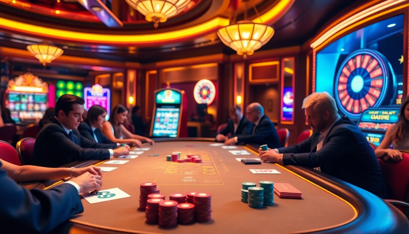 S8 casino game scene with players around a poker table, chips, cards, and a glowing slot machine.