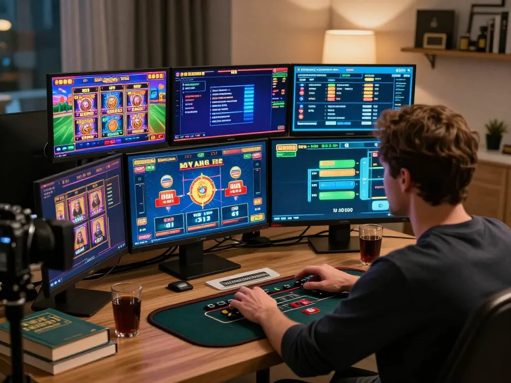 Player engaging with sis4d online casino app while betting on sports and slot games from home.